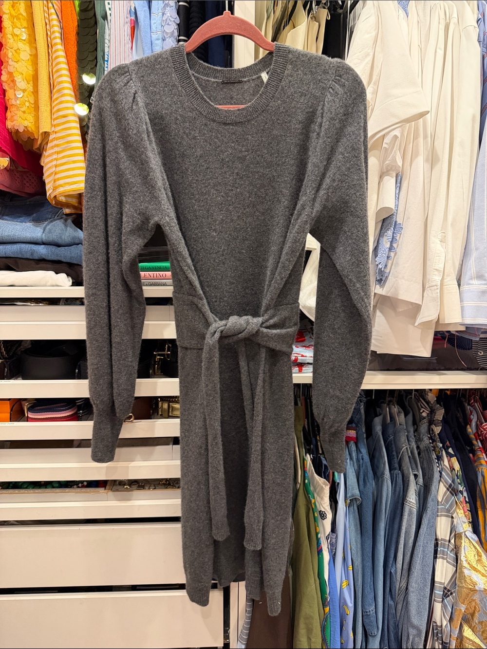 Elie Tarry Charcoal Gray Tie-Waist Women's Sweater Dress